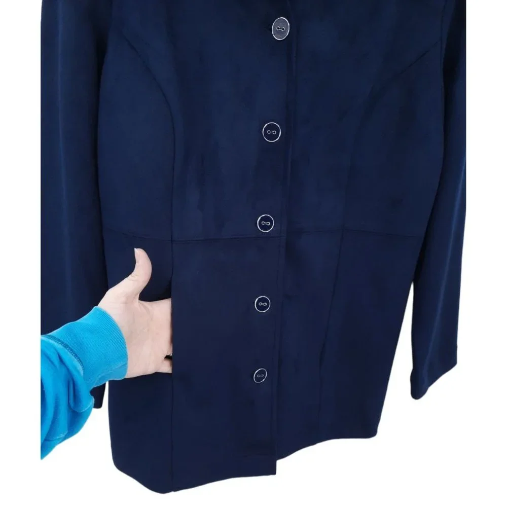 NEW Chico's Deep Navy Faux Suede Long Jacket Size 0 Small 4 Button Front Pockets_2